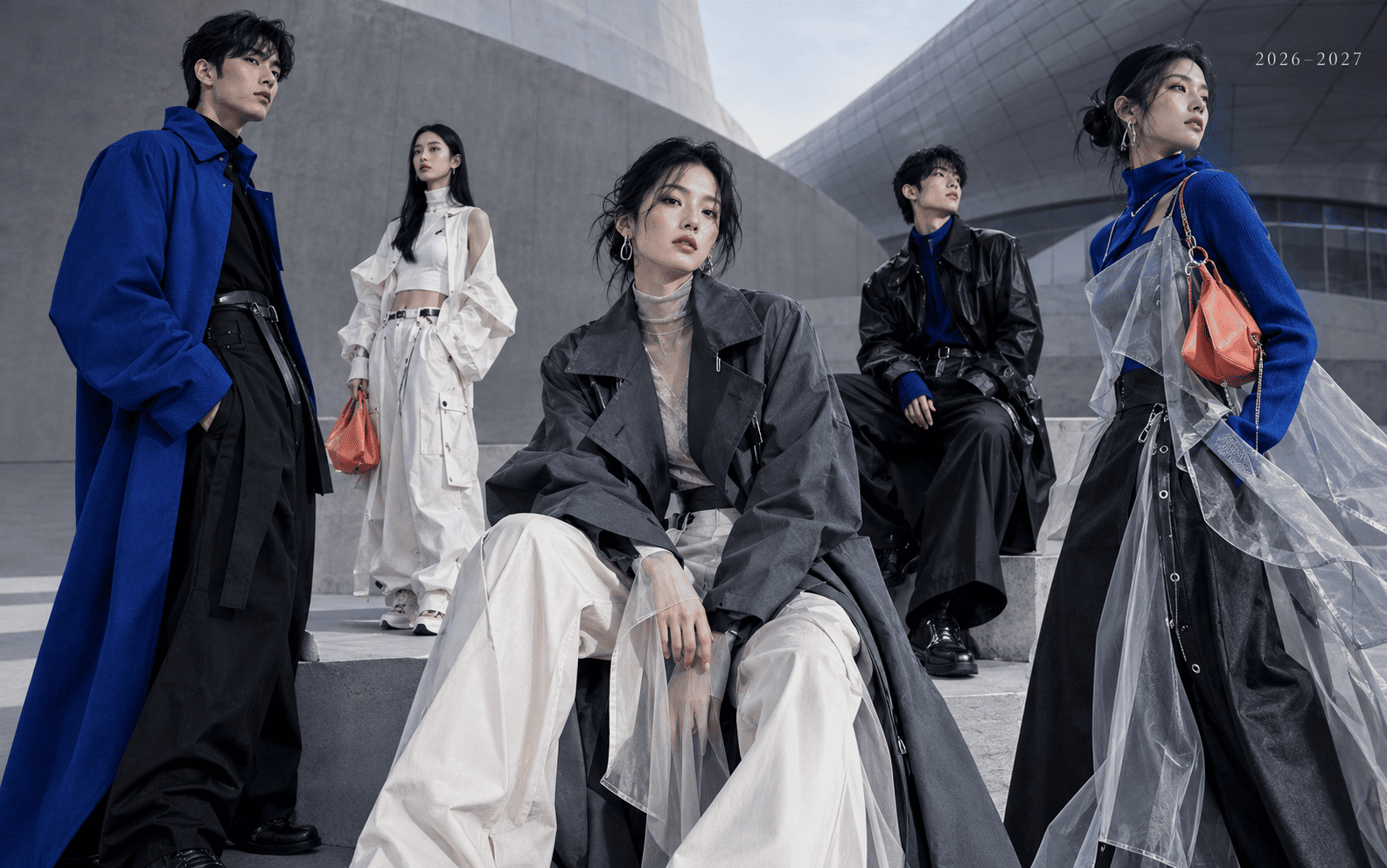 Five models in contemporary outfits on concrete steps / 콘크리트 계단 위의 모델 다섯 명