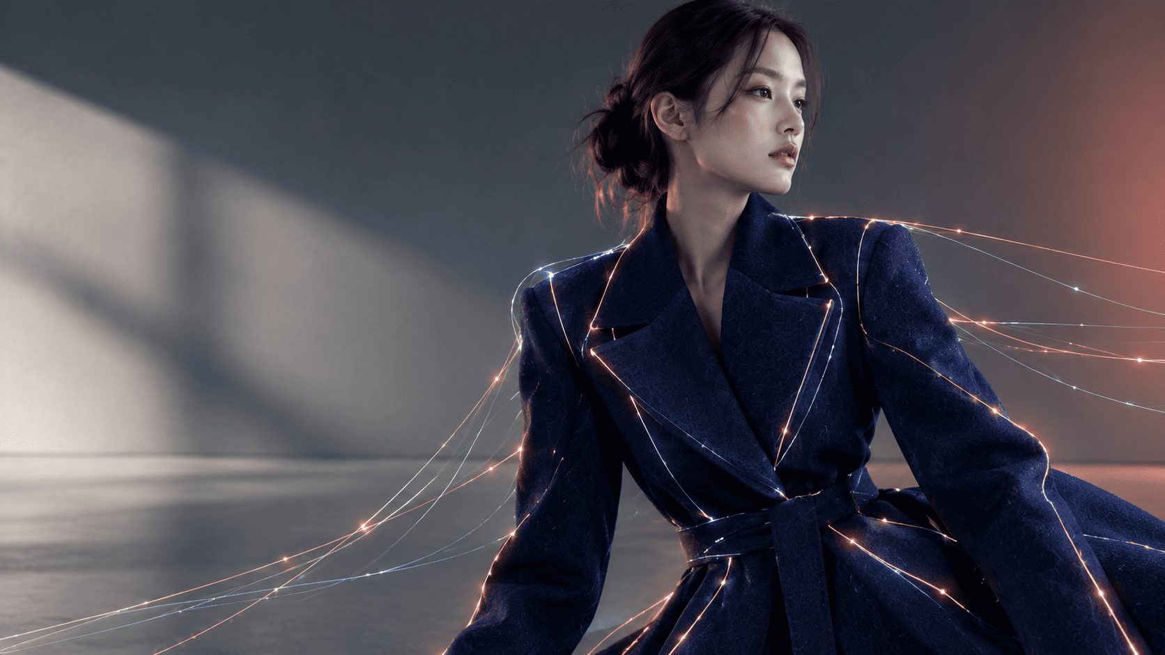 Model in a navy coat traced with glowing threads / 빛나는 실선이 흐르는 네이비 코트를 입은 모델