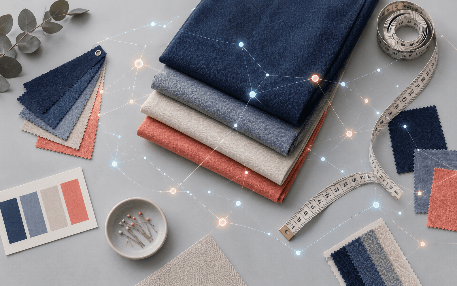 Fabric swatches linked by a glowing network / 빛나는 네트워크로 이어진 원단 샘플